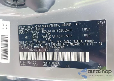 2022 Toyota Highlander Hybrid Xle Bronze Edition z USA, uszkodzony, nr VIN 5TDABRCH6NS539375